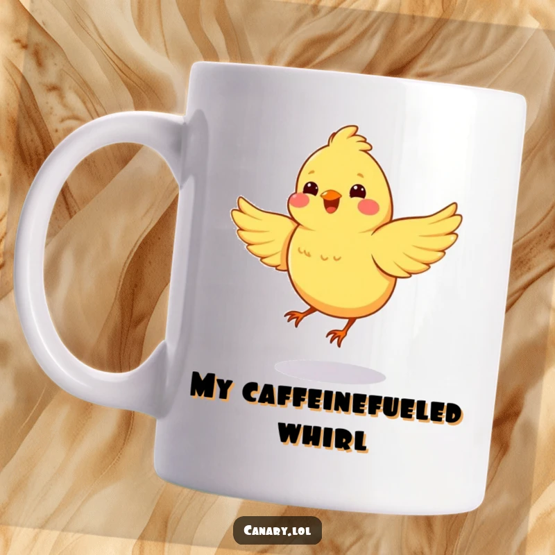 Funny mug featuring a joyful canary spinning in a dizzying circle with wings flapping enthusiastically, radiating unadulterated happiness.