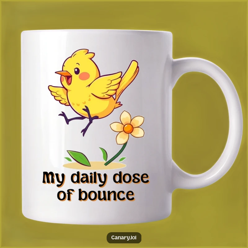 Funny Energetic Canary Gift Mug - Bouncing Bird on Spring Flower