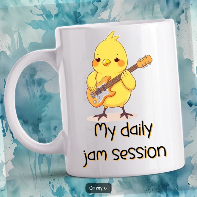 Funny Canary Mug: A tiny yellow bird playing a miniature guitar with its feet, grooving to the music, a hysterical scene.