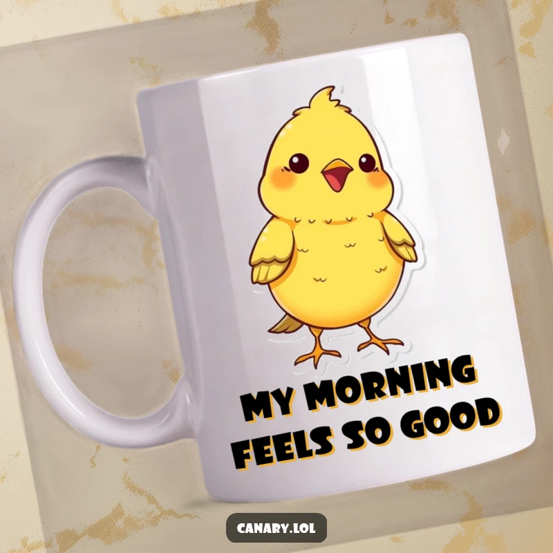 Funny kawaii canary bird mug, puffing its chest out proudly while chirping cheerfully, a delightful and humorous gift.