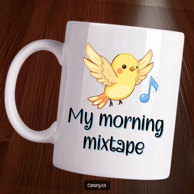 Funny singing canary mug with wings spread wide, hovering near a sparkling musical note, perfect for bird lovers and musicians.