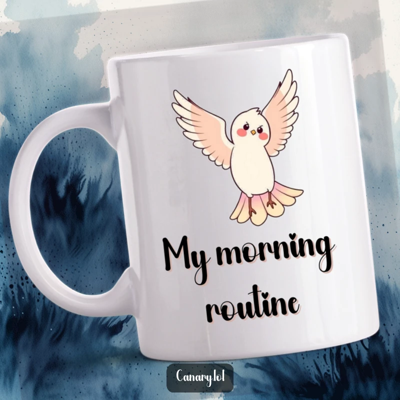 Funny pirouetting bird with wings outstretched gracefully dancing in the air, a whimsical and hilarious gift idea.