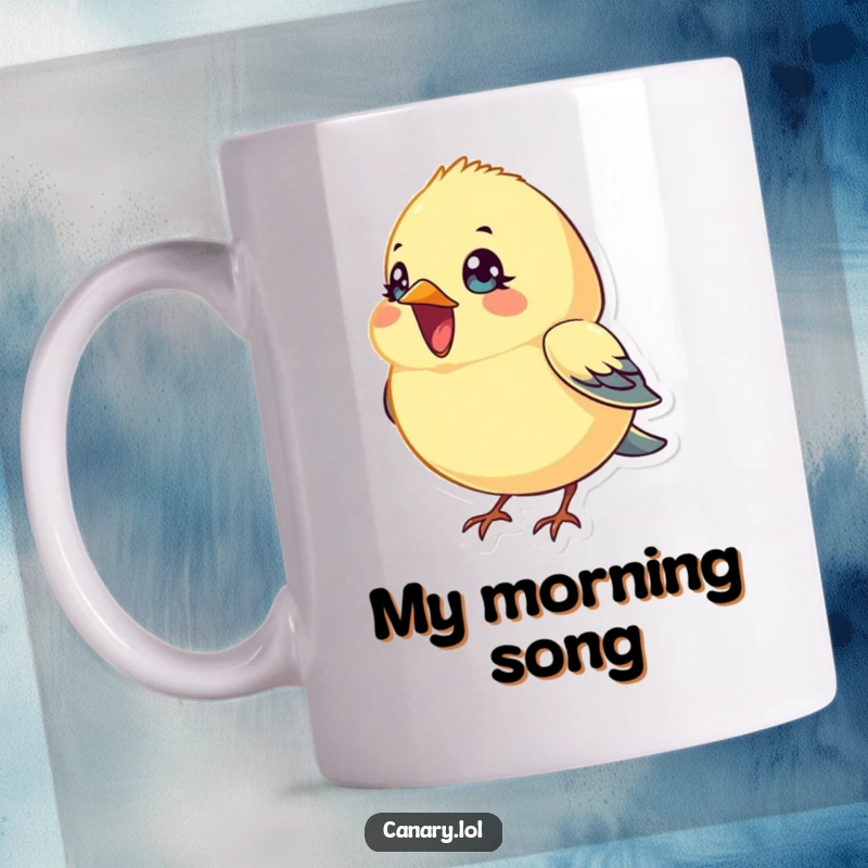 Funny Mug: A tiny, round canary bird with sparkling bright eyes joyfully sings with its beak wide open, emanating cheerful sound.