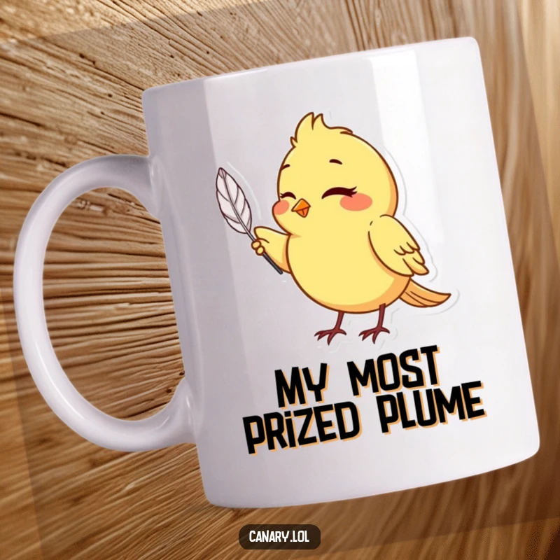 Funny canary bird mug, slyly winking and holding a single, perfect feather, exuding charm.