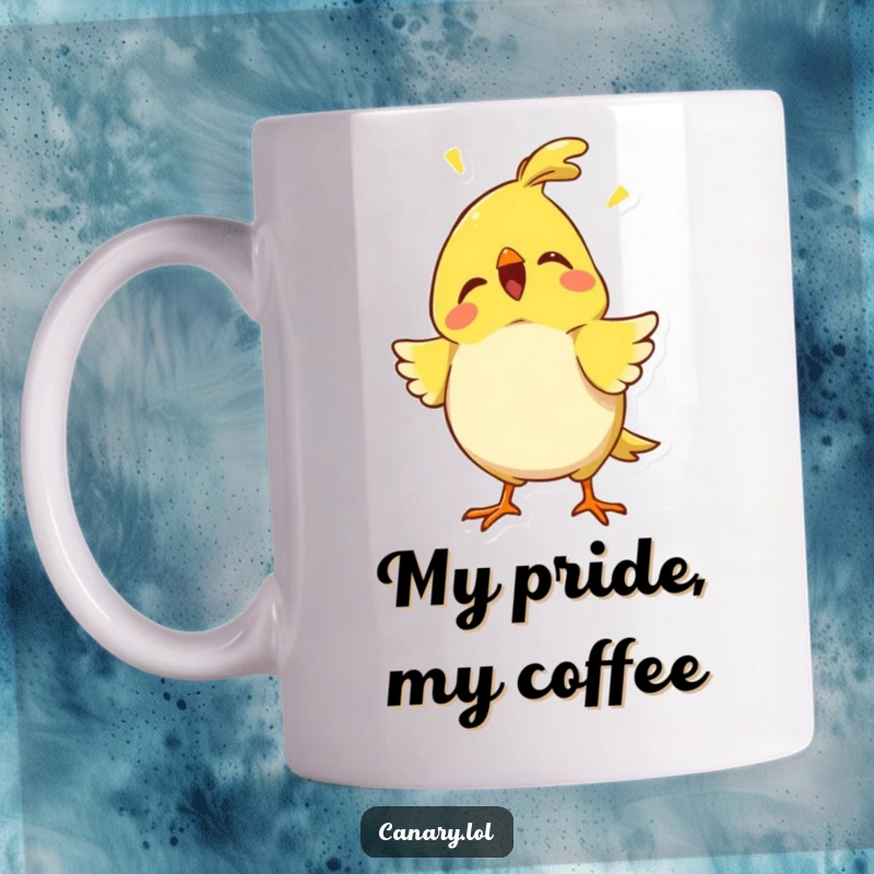 Funny proud canary mug with chest puffed out chirping, conveying confidence and humorous self-satisfaction, perfect for celebrating achievements.