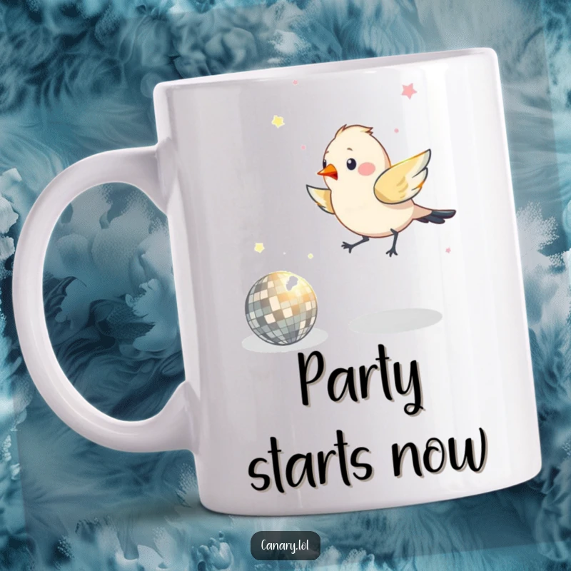 Funny bird hopping excitedly around a small, shimmering disco ball, capturing the joy of a dance party.