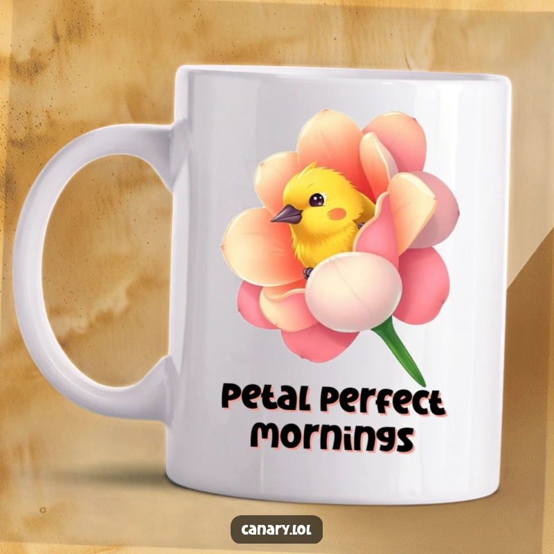 Funny mug with a curious canary bird peeking from a vibrantly colored flower, perfect for whimsical and delightful sips.