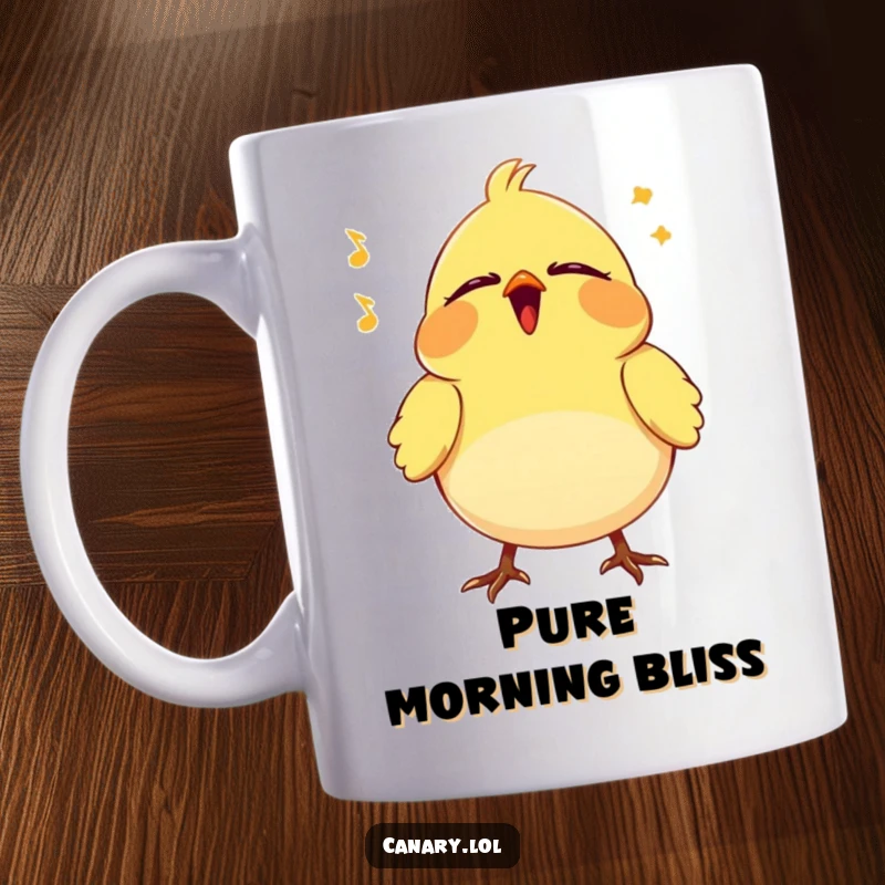 Funny Canary Mug: Tiny bird with eyes closed, vibrating blissfully with a happy song, capturing pure musical contentment.