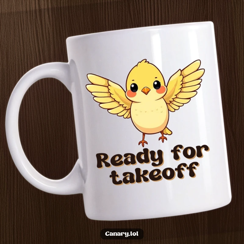 Funny mug showing a cute yellow canary spreading its wings wide, poised for flight with an optimistic spirit.