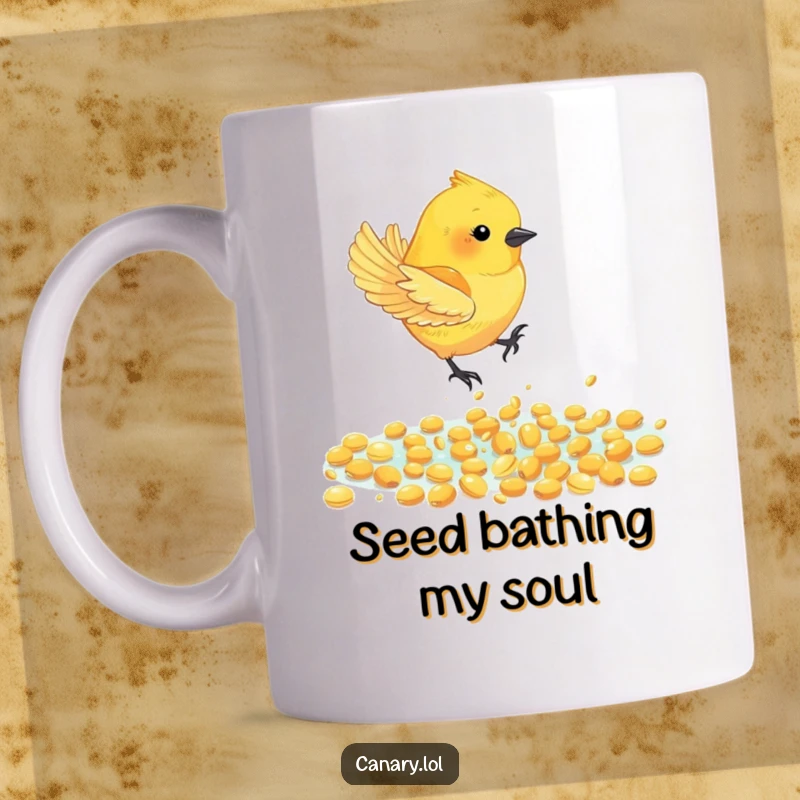 Funny Canary Bird Mug: A cheerful canary bird gracefully dives headfirst into a glittering pool of golden seeds, embodying pure joy.
