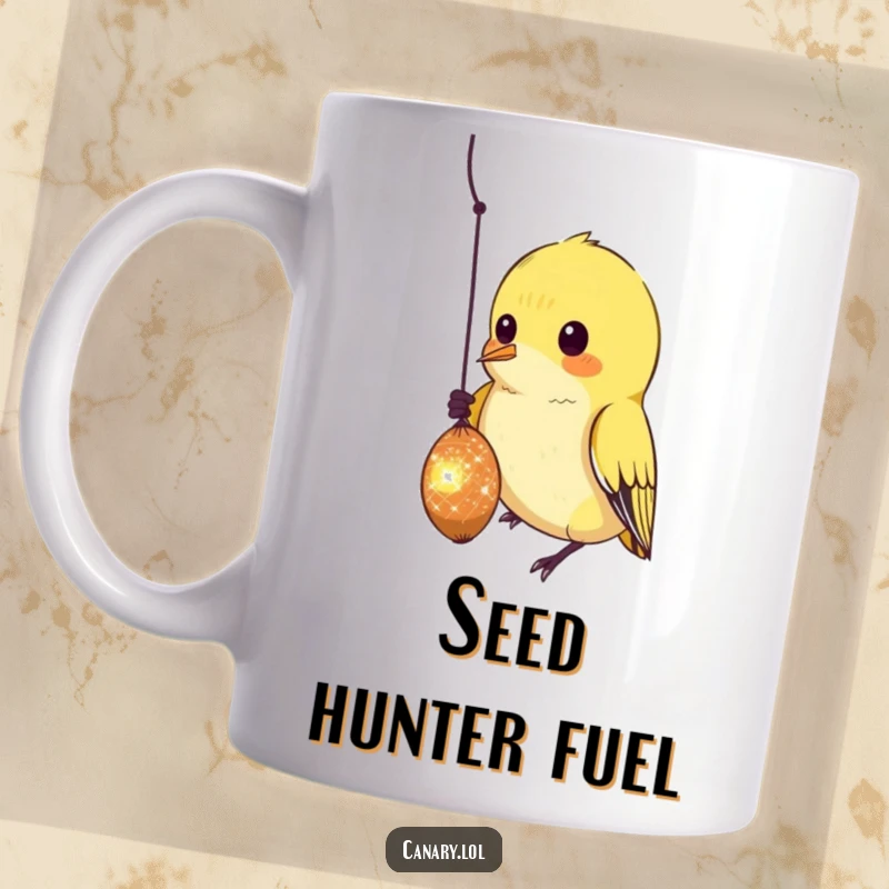 Funny Mug showing a curious canary intently pecking at a dangling, sparkling seed, highlighting its focused interest.
