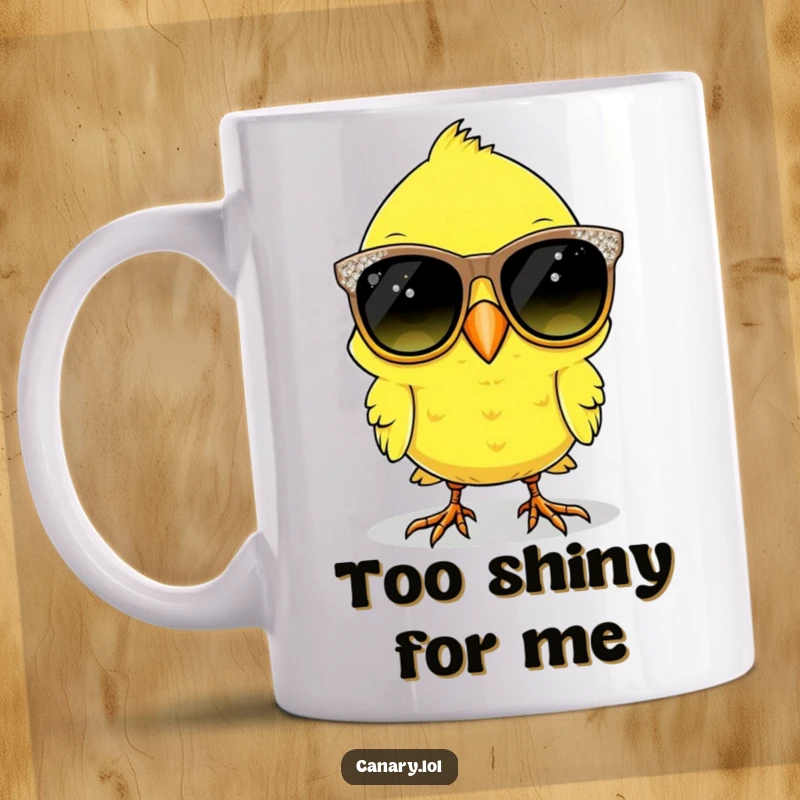 Funny canary bird mug with oversized, sparkly sunglasses, looking comically confused and stylish.