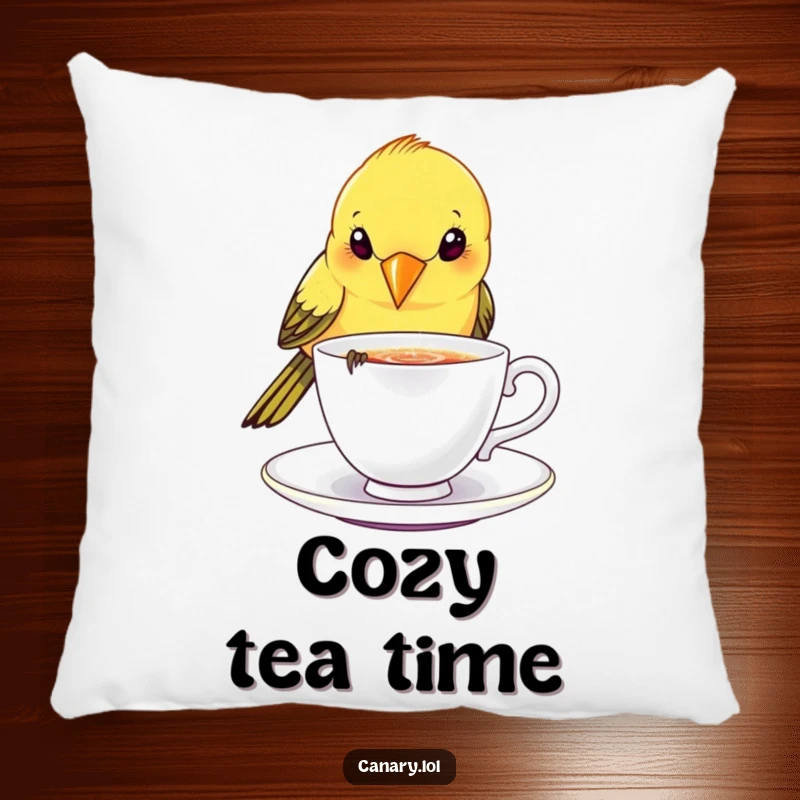 Funny canary bird pillow, playfully dipping beak into a tiny, sparkling teacup, soft, decorative, and charming.