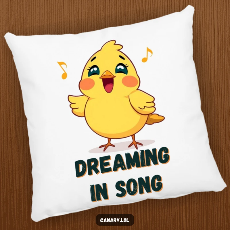 Funny pillow with a cheerful canary bird joyfully singing a bright, melodic tune, offering comfort and cheerful musicality.