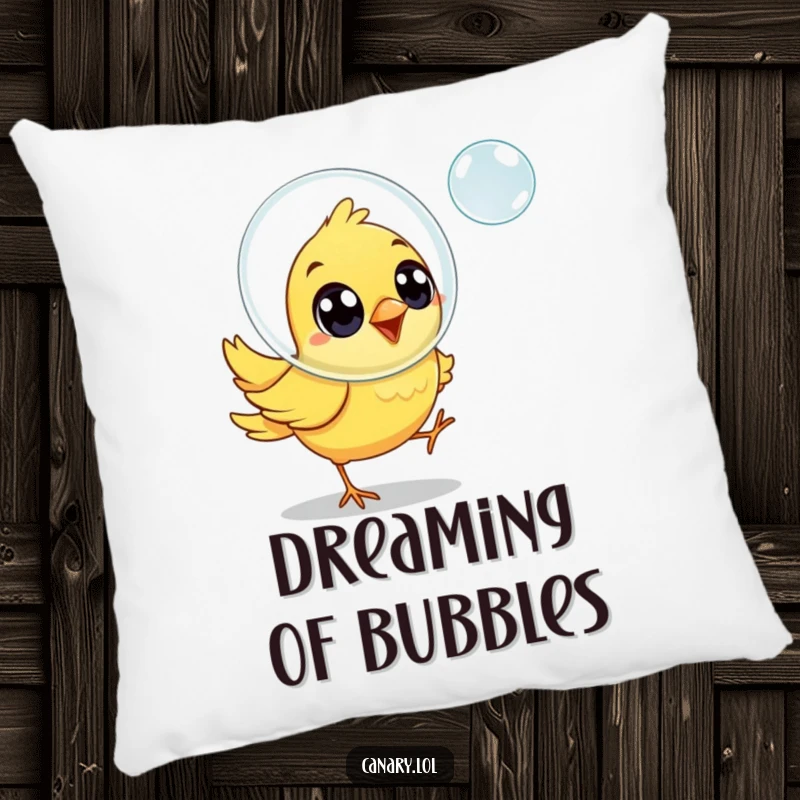 Funny canary bird pillow, joyful eyes, chasing a floating soap bubble, soft, decorative, and cheerful.