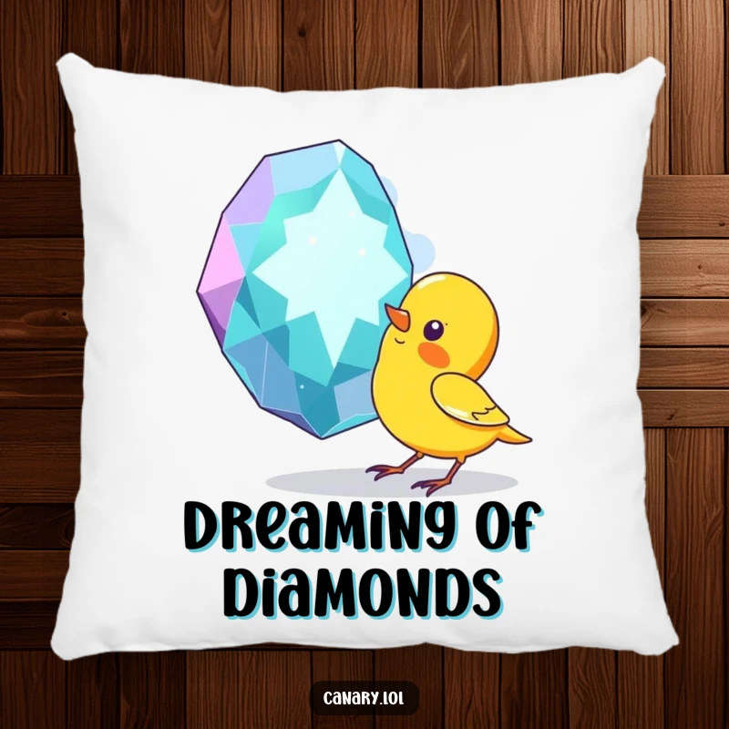 Funny accent pillow with a canary bird pecking inquisitively at a large, sparkling gem, adding a humorous touch to decor.