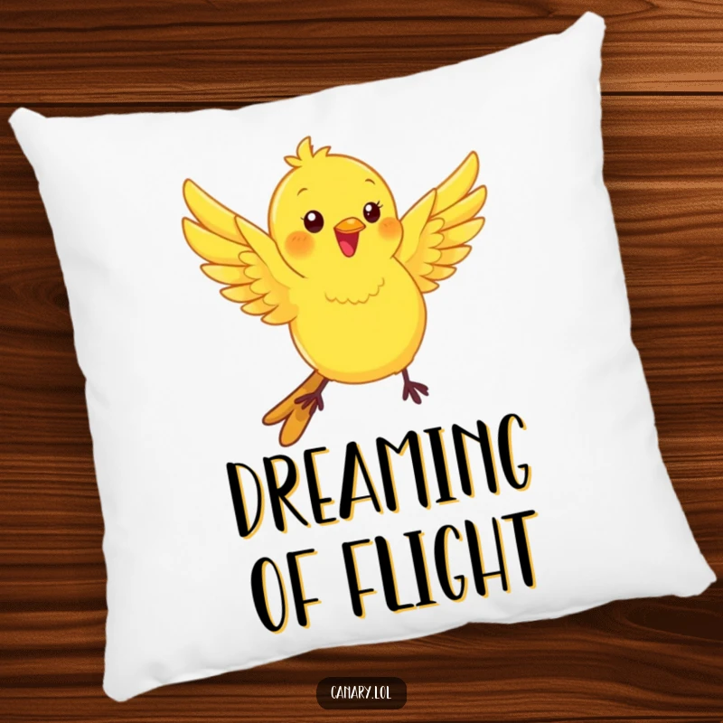 Funny kawaii canary bird pillow, wings fluttering with playful energy, a soft and humorous decorative accent.