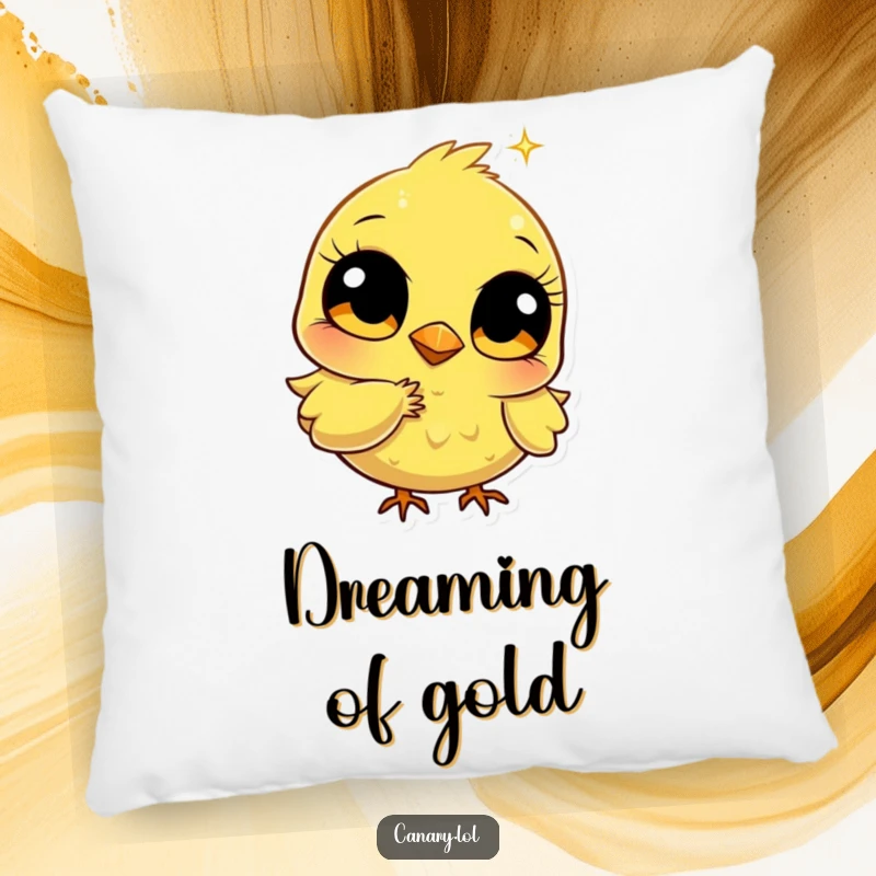 Funny stylized canary pillow with big bright eyes pecking a golden sparkle, offering soft comfort and a humorous, dreamy decorative touch.