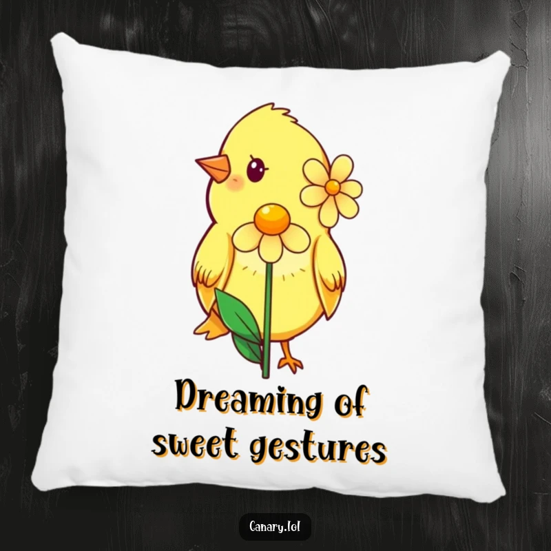 Funny pillow featuring a shy canary with a sweet smile, presenting a single, perfect flower, perfect for adding gentle cheer.