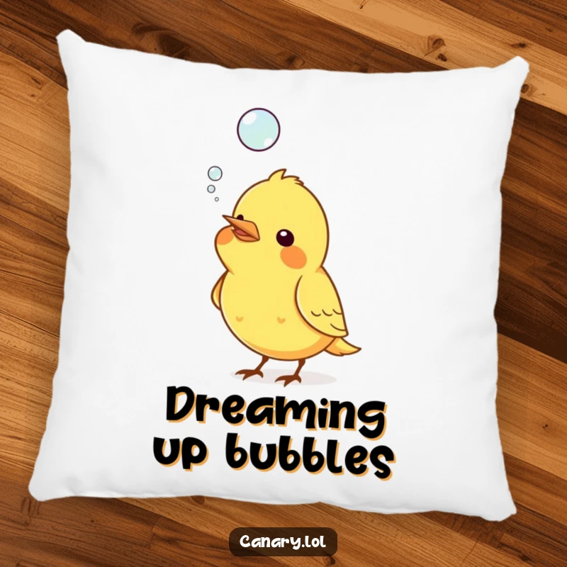 Funny accent pillow with a canary bird blowing a large, floating bubble from its beak, adding a whimsical touch.