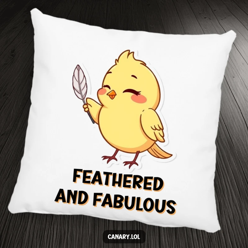 Funny canary bird pillow, winking and holding a single, perfect feather, soft and adds charm.