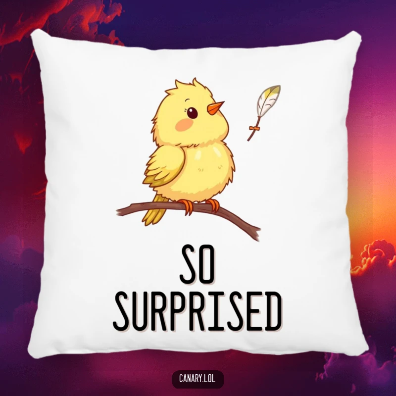Funny canary bird pillow, surprised bird face, feather falling, comfortable cushion, humorous home accent.