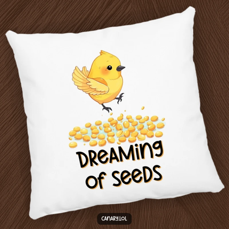 Funny Canary Bird Pillow: A canary bird joyfully dives into a sparkling pool of golden seeds, bringing playful charm and humor.