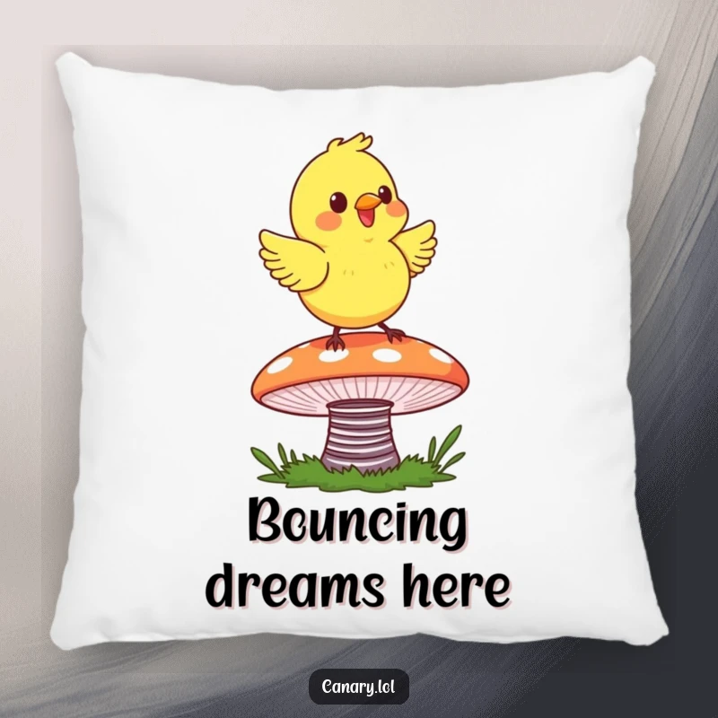 Funny Canary Bounce Pillow featuring a happy canary bouncing on a colorful mushroom, adding whimsical charm.