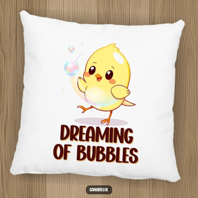 Funny Pillow design of a yellow canary energetically chasing a shimmering iridescent bubble, adding a touch of playful whimsy.