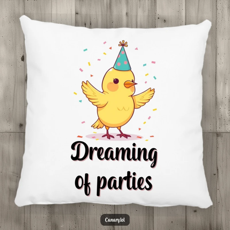Funny pillow showing a canary bird in a party hat juggling colorful confetti, perfect for adding festive comfort.