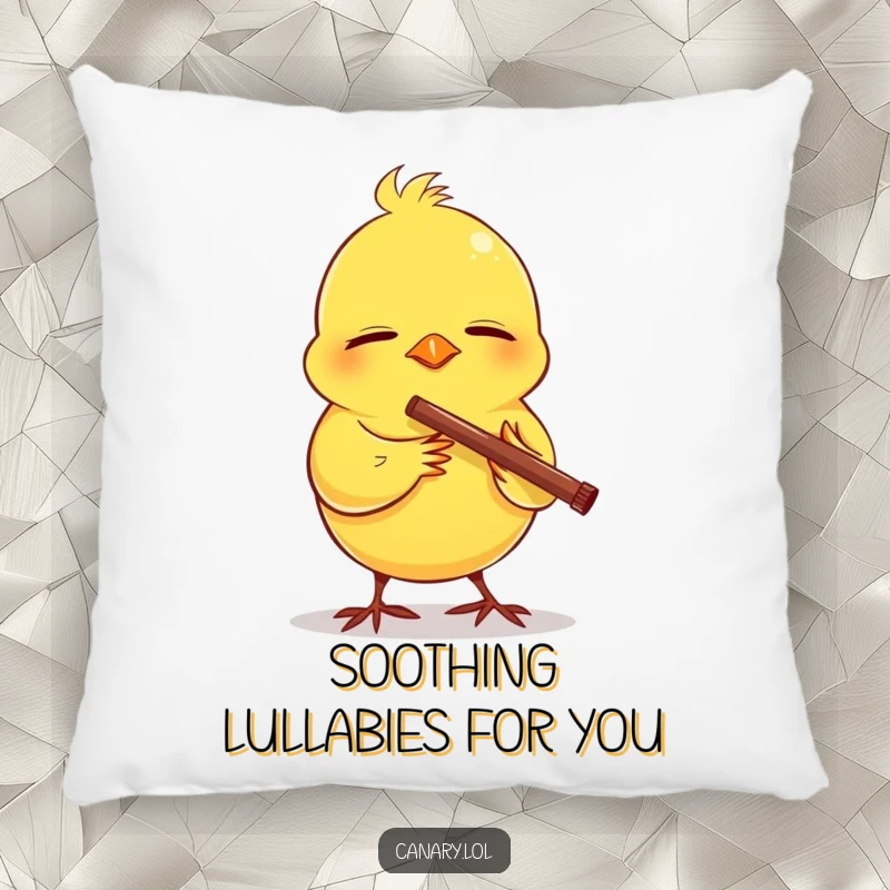Funny pillow featuring a happy canary with eyes shut, contentedly playing a miniature flute, perfect for adding serene musical cheer.