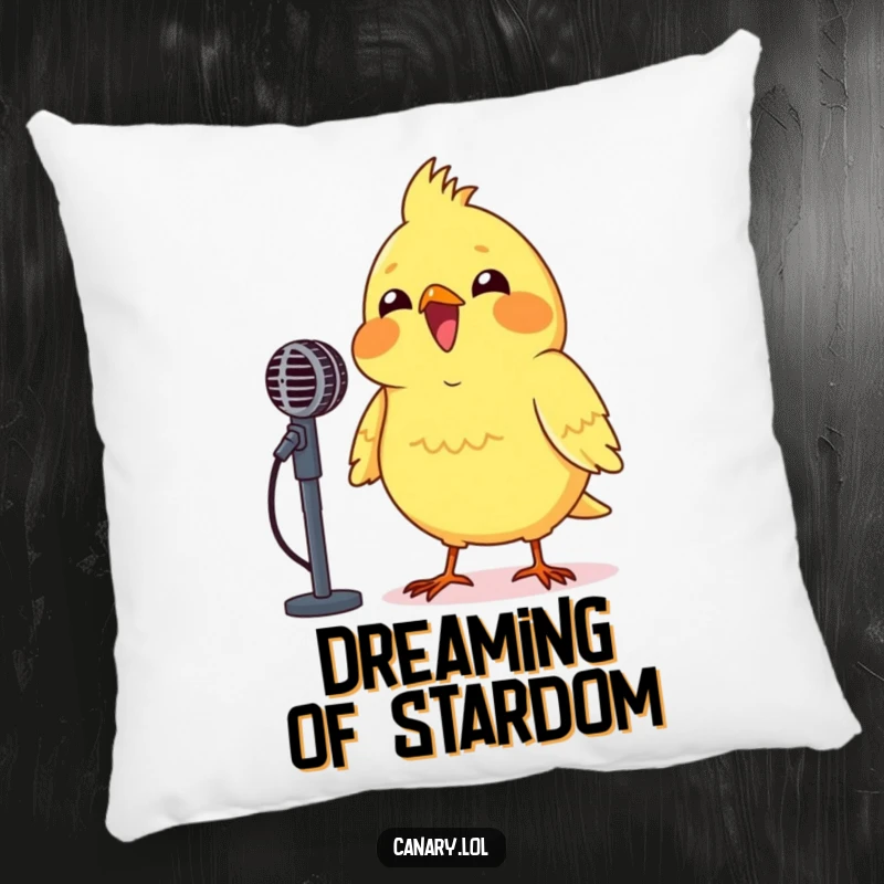 Funny Canary Performance Pillow featuring a happy canary singing into a small microphone, bringing cozy musical vibes.