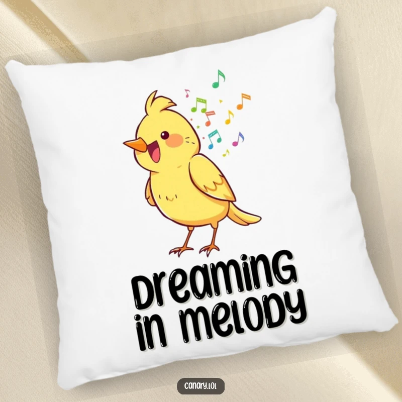 Funny canary bird pillow, artfully spilling a rainbow of musical notes, offering soft, humorous comfort and decor.