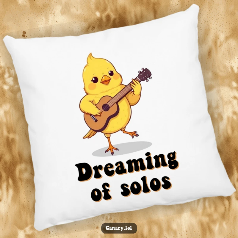 Funny Canary Rock Pillow featuring a small canary playing a tiny guitar with its feet, adding musical vibes to your space.