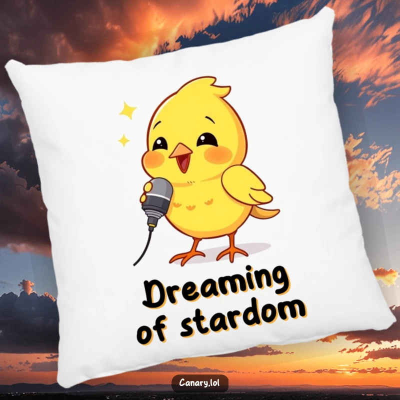 Funny accent pillow with a canary bird holding a tiny microphone and singing passionately, adding humor to decor.