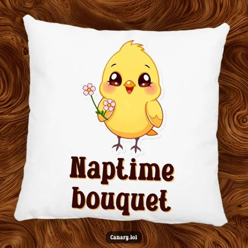 Funny happy canary bird pillow, bright eyes, offering a flower, soft cushion, cheerful home accent.