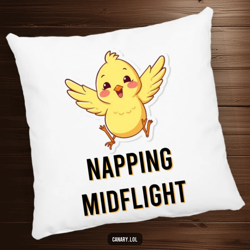Funny happy canary leaping pillow, depicting a joyful bird with wings spread, offering soft comfort and a humorous, energetic decorative touch.