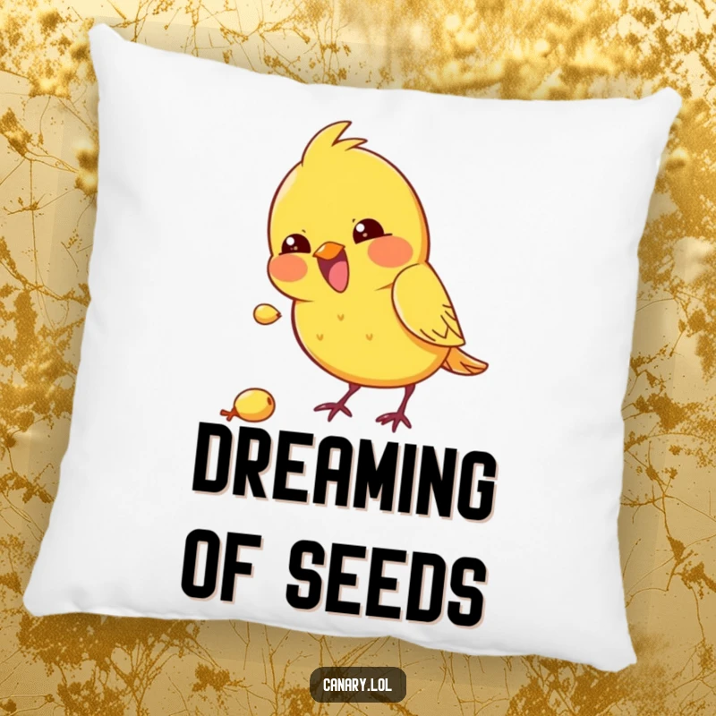 Funny kawaii canary pillow featuring a bird excitedly pecking at a seed, offering humorous comfort and decor.