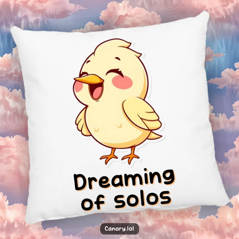 Funny kawaii canary bird pillow, huge smiling beak, singing a very high note. Soft, decorative, and comically musical cushion.