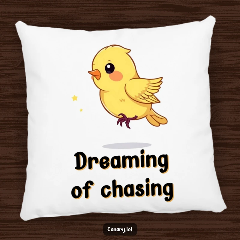 Funny Pillow featuring a playful canary bird chasing a sparkling dust mote, perfect for cozy relaxation.