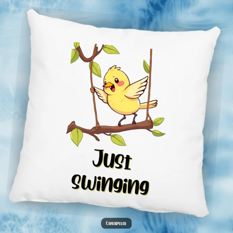 Funny Kawaii Canary Pillow showcasing an incredibly cute bird energetically hopping on a swinging branch, perfect for adding whimsical comfort.