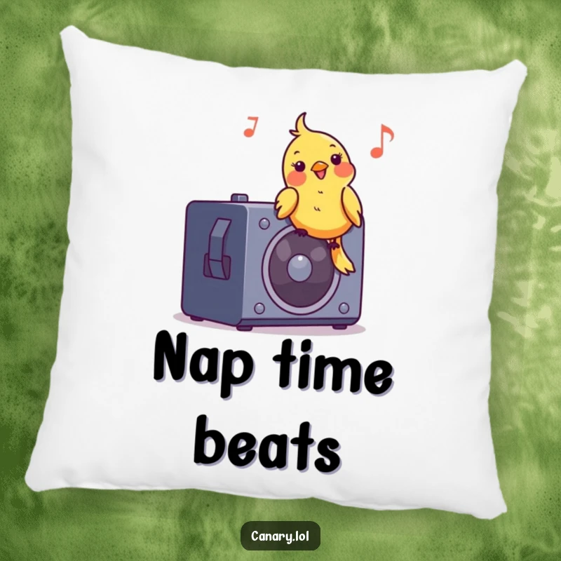 Funny decorative pillow with a cheerful canary bird bobbing its head to music on a speaker, delivering comfort and humor.