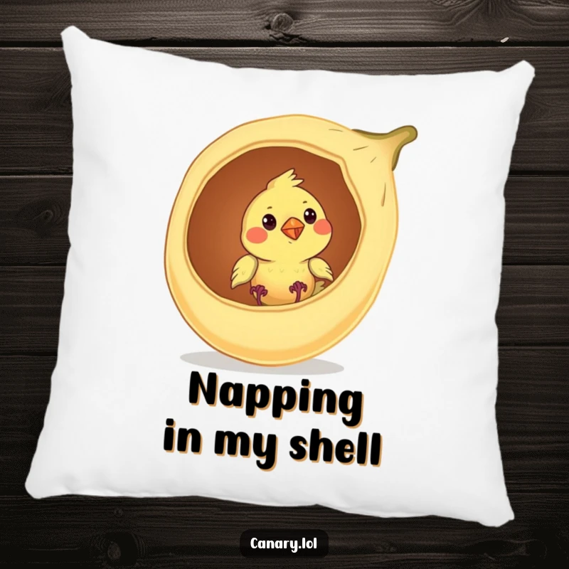 Funny canary bird pillow, curiously peeking from a seed pod, offering soft comfort and whimsical, humorous decor.