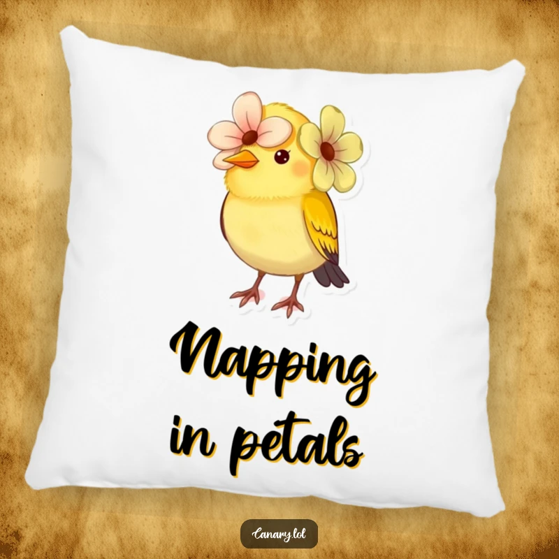 Funny small canary bird pillow, comically wearing a flower as a hat, looking soft and cuddly. Comfortable and humorous home decor.
