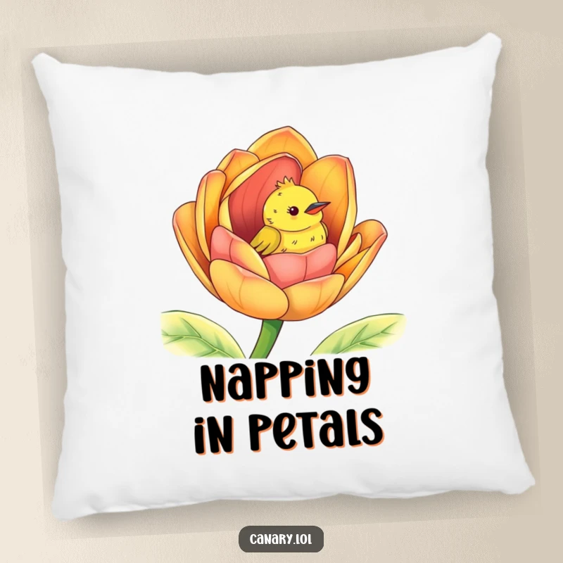 Funny peek-a-boo canary pillow, cute bird peeking from a giant colorful flower bud, soft accent decor.