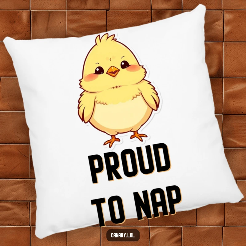 Funny pillow design of a chubby yellow canary puffing its chest out proudly, offering comfort and a happy vibe.