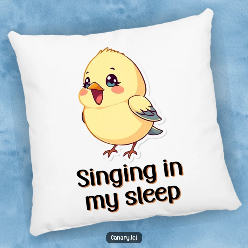 Funny Pillow: A small, round canary bird with bright eyes sings with its beak open, offering plush comfort and cheerful auditory vibes.