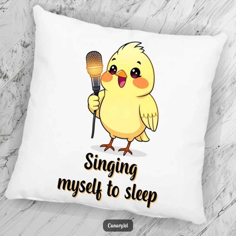 Funny pillow showing a canary bird holding a glowing microphone, perfect for adding musical comfort.