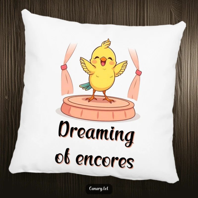 Funny decorative pillow depicting a joyful canary performing a little dance on a miniature stage, adding warmth and charm.