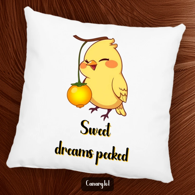 Funny canary bird pillow, mischievous grin, pecking a glowing berry, soft, decorative, and humorous.